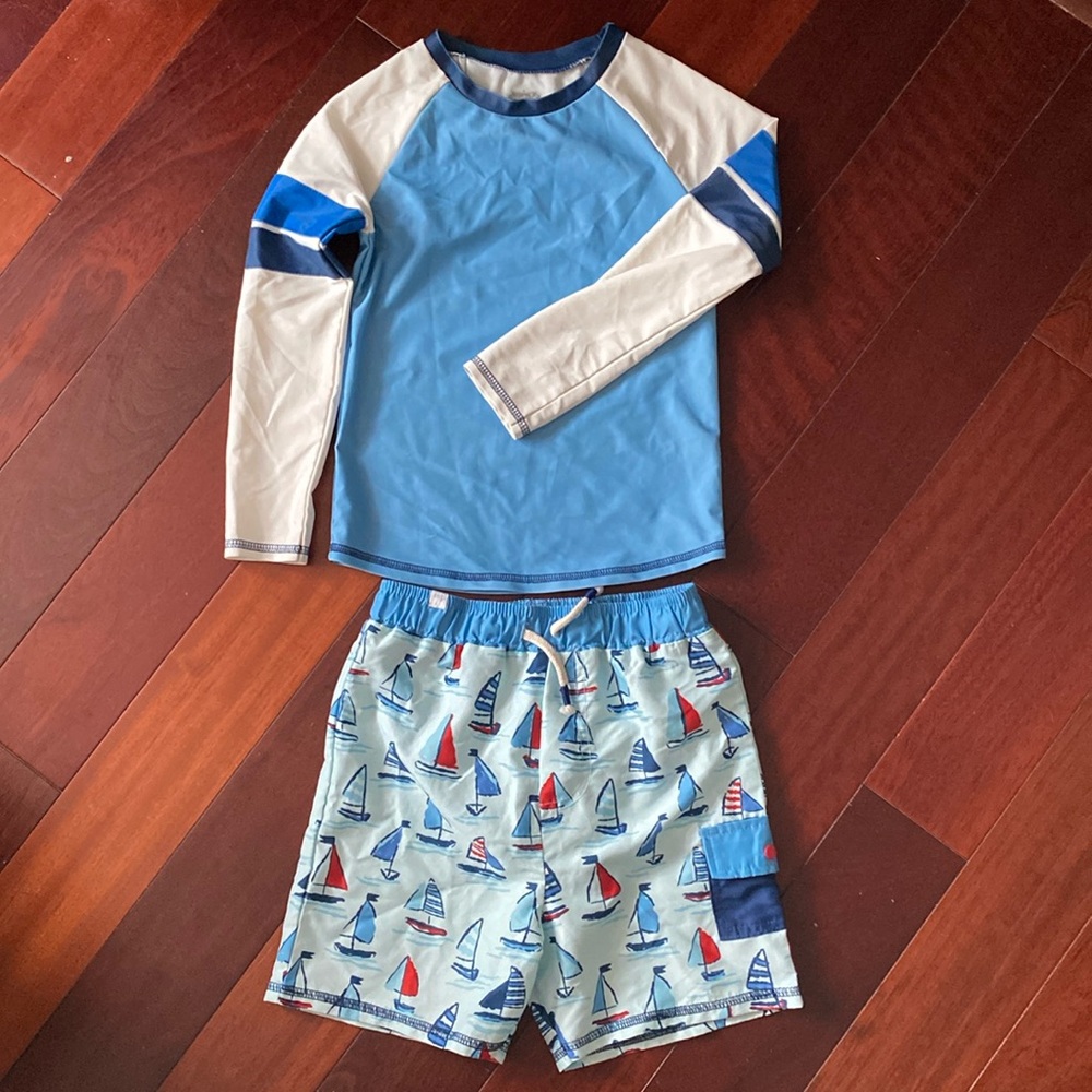 Mudpie kids swim trunks and rash guard